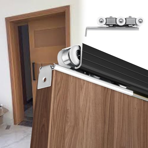 EXCLURA Schiebetür Schiene Beschlagsatz für Oben Montierte Schiebetüren, Beschlagsatz für Hochleistungs-Schiebetüren für Scheunentore Außen, Aluminium-Türschiene(Black,3.5m(11.5ft))