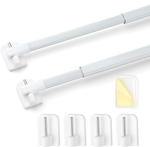 OIHCAZ 2 Pack Net Curtain Rods Extendable with 4Pcs Self-adhesive End Window Hook, Adjustable Net Curtain Rod No Drill for Kitchen, Windows, Bathroom, DIY Projects ((30-50CM/11.8-19.7Inch)