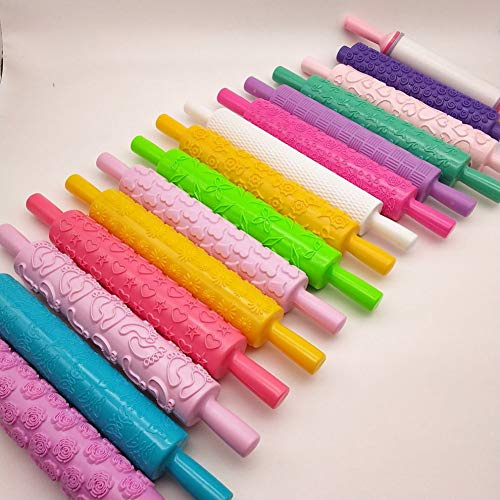 Pssopp Fondant präglad kavel Texturerat bakverktyg i plast för kakor, kakor, bakverk, 12 mönster för kreativ DIY-bakning (assorterade färger10)