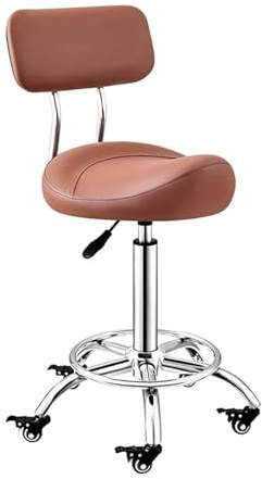 FXLUHAY Sattelhocker mit Rückenlehne (50–70 cm), höhenverstellbar, drehbar, mit feststellbaren Rollen, Fußstütze und Rückenlehne for Salon, Kosmetikstudio, Zahnarztpraxis und Tattoo-Studio(Brown)