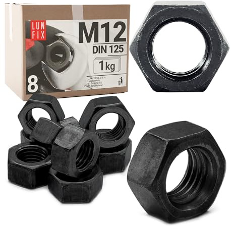 Lun Fix Sechskantmutter M12 1 kg Klasse 8 ca. 62 Stk DIN 934 Regelgewinde | Stahl, schwarz galvanisch verzinkt, metrisches Mutter für Gewindestangen Schrauben Metallbau Holzbau Zaun Montage