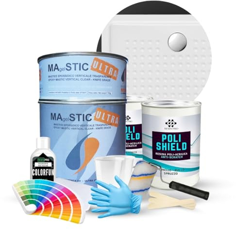 Resin Pro® ShowerFix Kit - Riparazione Piatto Doccia/Vasca con Mastice Epossidico Rapido, Vernice Protettiva, Made in Italy - Brillante Bianco