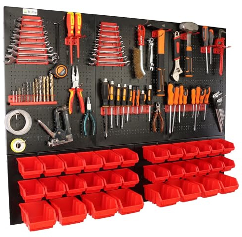 botle Panneau à outils mural perforé en métal, boîtes empilables + étagère murale + porte-outils, ensemble de 59 pièces, pour petites pièces, atelier mural avec 32 récipients empilables rouges