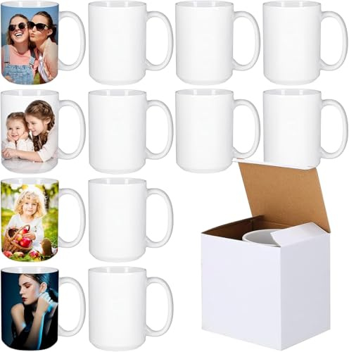 Juego de 12 tazas de sublimación de 443 ml, tazas de café de cerámica blanca en paquete grande, tazas de cerámica para sublimación con revestimiento especial, tazas en blanco para café con leche