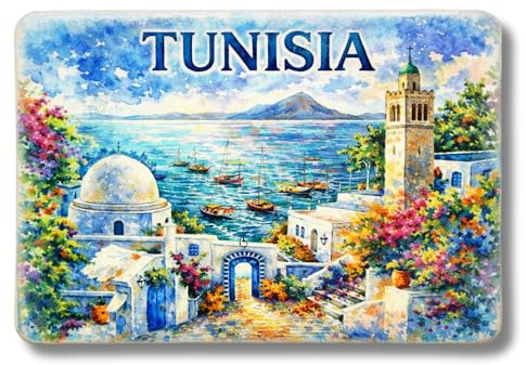 Tunesien Kühlschrankmagnet im Aquarell-Stil – Mediterrane Küstenlandschaft – Künstlerisches Reise-Souvenir 230226