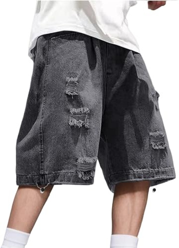 Jinitaimei Jeans Pantaloni Corti Uomo Blu Denim Shorts Bermuda Estivi Baggy retrò Pantaloncini Hip Hop Skateboard Pantaloni con Tasche