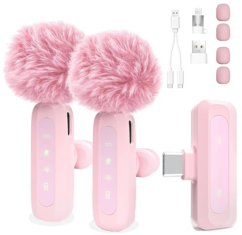 Mini micrófono inalámbrico para Android/iPhone/iOS/PC/Laptop micrófono Lavalier de solapa con reducción de ruido para grabación, micrófono de clip, para grabación de video, Tiktok, Youtube, Vlog（ROSA）