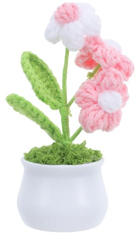Hemobllo Fiori All'uncinetto in Vaso Mini, Fiore a Tre Soffioni, Filato, Filo e Abs, Fatti a Mano, senza Manutenzione, per Scrivania Ufficio, Madre e Collega