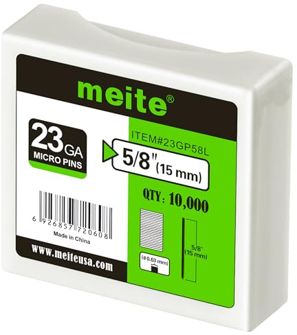 meite Clous finettes 23GA / 15 mm, Galvanisés Clous pour Pistolet à Clous 23G, Lot de 10 000, Fil diamètre 0,63 mm, Clous À Épingler Sans Tête pour le Travail du Bois Fin et les Travaux de Garniture