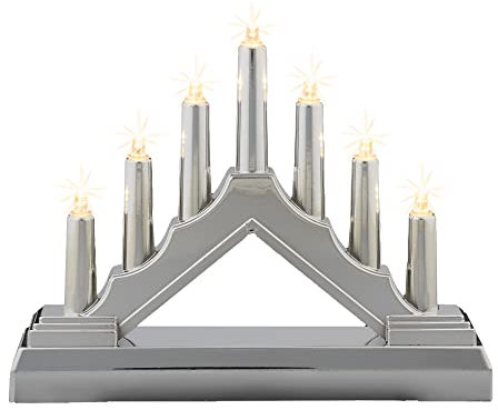 hellum, LED-Kerzenleuchter, Schwibbogen, Kunststoff, silber, 7 warm-weiße LEDs, 16x13 cm, Indoor, batteriebetrieben (2AA), Weihnachts-Dekoration, 520934