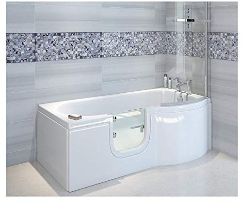 HAK Seniorenbadewanne, Weiß, Fiberglas, Rechteckig, Modern, 167,5x75/85x53cm, mit Tür, Duschkabine, Wannenschürze, Ablauf/Sifon, Ausführung RECHTS