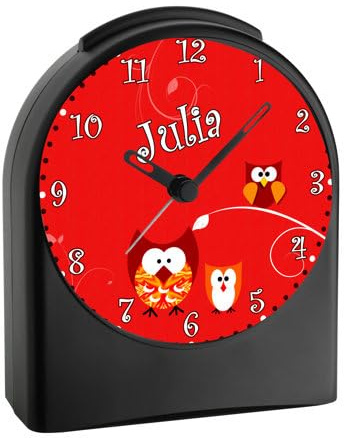 CreaDesign, WU-50-1007-20, Eule Farbe Rot, analog Kinderwecker schwarz, Funkwecker ohne Ticken, mit Licht, personalisiert mit Namen, 9,6 x 5,5 x 11,9 cm, 104 g
