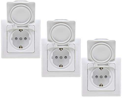 ChiliTec Steckdose Unterputz für Badezimmer Küche Delphi IP44 für Innen & Aussen Feuchtraum 3 Stück 250V~ UP-Steckdose mit Klappdeckel Weiß