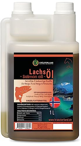 Kräuterland Lachsöl für Tiere - 1L Fischöl aus skandinavischem Lachs, rein, naturbelassen - reich an Omega 3 Fettsäuren- Premiumqualität für Pferd, Hund, Katze