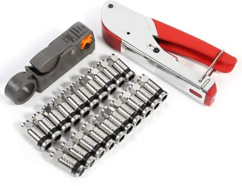 Kompressionszange Set mit 20 F-Steckern und Kabelabisolierer für RG6 RG59 RG58, Koaxialkabel Crimpzange Abisolierwerkzeug