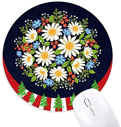 Weisse Chrysantheme hinterlässt Obst Blume Rund Gummi Maus Pad Weihnachtsdekoration