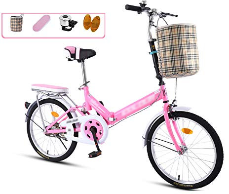 JHNEA 16 Zoll Faltrad Klapprad, Kohlenstoffstahlrahmen Fahrrad Klappfahrrad mit Komfortsattel Korb und Ständer Gepäckträger,Pink-B