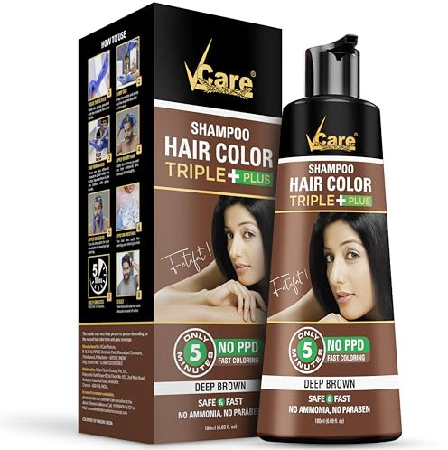Vcare Triple Plus Hair Color Shampoo 5 Minute Haarfärbe-Set, angereichert mit Wachstumsfaktoren und Antioxidantien, ohne Ammoniak, ohne Sulfat, Braun, 180 ml
