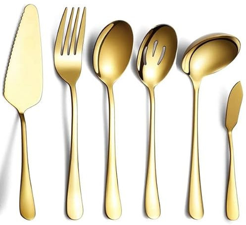 Dciustfhe 6-Piece Flatware Set, Silverware Set, Cake Server, Slotted Serving Spoon, Gold