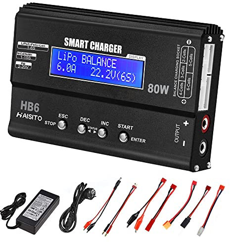 Haisito Lipo Chargeur Équilibreur 80W 6A pour Batterie LiPo/Li-ION/Life (1-6S) et NiMH/NiCd (1-15S), Chargeur RC avec écran LED, Bloc d'alimentation et Adaptateur XT60 / Deans/JST/Futaba