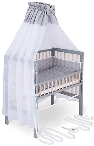 FabiMax Baby Beistellbett für Boxspringbett, TÜV geprüft 2022, inkl. Matratze und Komplettset, Buche massiv grau/Natur, Comfort/graue Würfel
