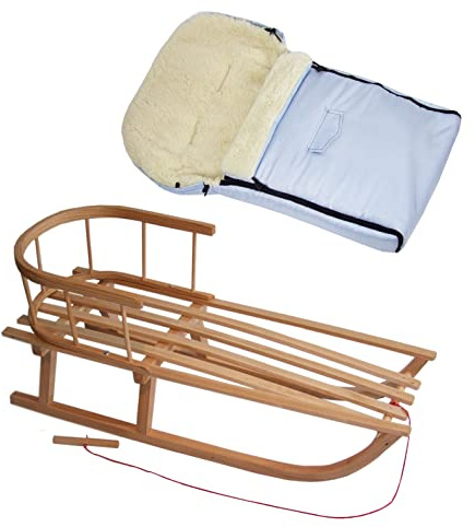 Kombierbjudande träsläde med ryggstöd och dragrep + universell vinteråksäck (90 cm), även lämplig för babystol, barnvagnar, buggy, lammull, uni (ljusblå + släde)