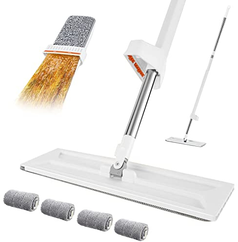 Balai Serpillère avec Essorage Intégré, Vadrouille de Nettoyage Rotative à 360° avec 4 Tampons Microfibre, Mop à Rangement Debout, pour Nettoie des Sols Bois Dur, Carrelage et Stratifié (Blanc)