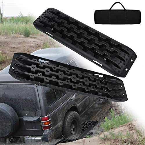 TRMLBE Sandbleche 2 Pcs Offroad Anfahrhilfe Zubehör Auto Kunstoff Traktionsmatte Max. 10T Last Traktionsplatten mit Aufbewahrungstasche Recovery Board PKW LKW, Schwarz