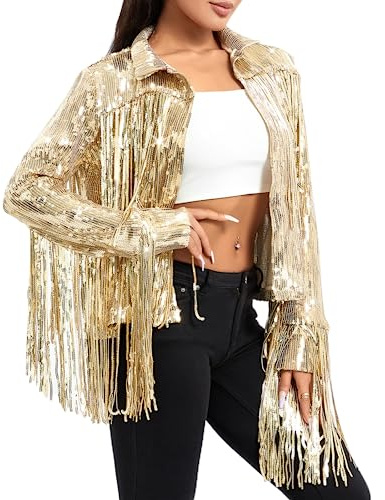 RTGSE Frauen funkelnde Pailletten Jacke glänzender Glitzer Quasten Fringe Sem Disco Jacket Paillettenrandjacke Mantel Y2K 90S Streetwear
