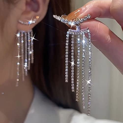 TseenYi Boho Crystal Rhinestone Ear Jacket Chandelier with Tassel Fringe Climber Earrings in Silver for Women and Girls