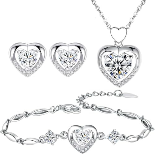 TOEECYHerz Zirkonia Schmuckset Silber Halskette Ohrringe Armband Kristall Anhänger Elegant Damen Schmuck Glänzend Hochzeitsschmuck