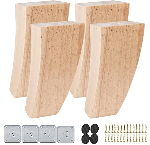 TCHOSUZ 5 inch / 12cm Wooden Furniture Legs, Set of 4 Mid Century Modern Solid Wood Varnish Curved Pyramid Square DIY Replacement Feet for Sofa Couch Armchair Bed Recliner Riser