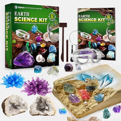 Japace Ausgrabungsset für Kinder, STEM Wissenschaft Spielzeug Edelsteine Ausgraben, Geoden Zum Aufbrechen Set, Kristalle Züchten Kit Geschenke Jungen Mädchen schürfen Hammer