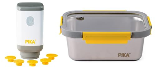 PIKA - Pompe sous vide électrique + Boîte alimentaire inox 1200ml + 5 valves pour boites alimentaires Pika | Appareil de mise sous vide alimentaire