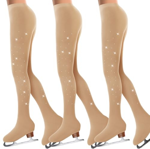 Ramede 3 Pcs Figure Skating Tights Rhinestones Ice Skate Tights Tan Crystal Figure for Girls Women Skating Ballet Dance Kids (Medium)