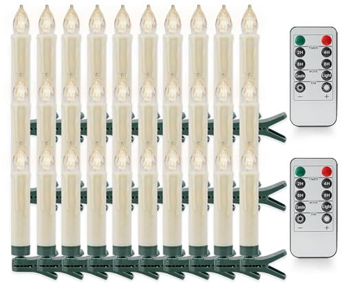 Rhytsing Lot de 30 bougies LED de Noël à clip H 10,5 cm sans flamme avec télécommande pour sapin de Noël, bougies LED à piles avec minuteur résistantes à l'eau, 2 télécommandes incluses