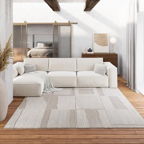 Wecon Home Ingvar Kurzflorteppich, 160 x 230 cm, Creme beige | gewebter pflegeleichter Teppich mit kariertem Design ideal für Wohnzimmer, Schlafzimmer und Arbeitszimmer