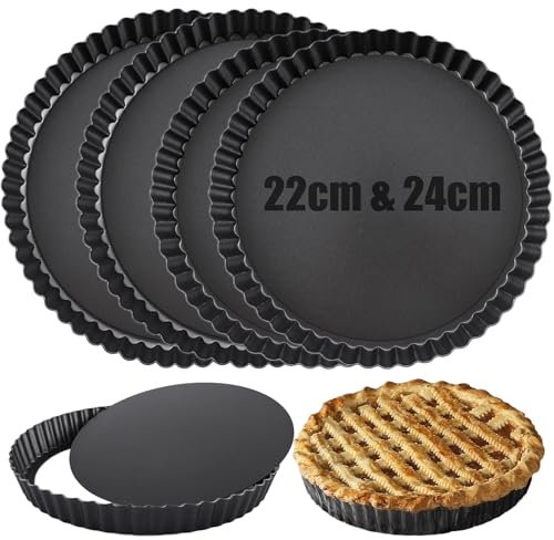 DAJAVE 4 Pcs Quiche Dish, 22cm and 24cm Quiche Dish with Loose Bottom Large Tart Tin Non Stick Quiches Tin Flan Tins with Loose Base Carbon Steel Flan Case Tins for Baking Quiches, Tart and Pie