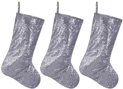 Pxniy Pailletten-Weihnachtsstrümpfe, 47 cm, 3 Stück, glitzernd, Weihnachtsstrümpfe, Weihnachtsdekoration, silberfarben