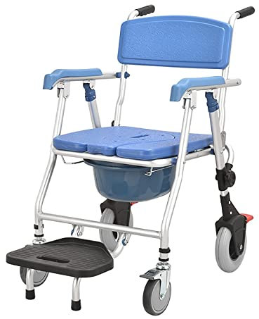 WOTZOV Toilettenstuhl mit Rädern für Schlafzimmer, Transportrollstuhl für Bettseiten mit Fußstütze, Faltbarer Toilettenstuhl mit Rädern, Duschstuhl für ältere Menschen, 150 kg