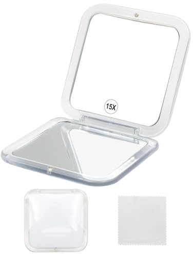 VEGCOO 15X Grossissant Miroir de Poche Pliable, Petit Miroir de Poche, Miroir Grossissant de Voyage, Double Face 15X et 1X, Carré 8 cm (Blanc)