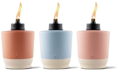 TIKI Sunset Sands Outdoor Table Torch, Decorative Outdoor TIKI Torches for Patio and Backyard, Orange, Blue, and Pink, 6 in, Pack of 3, 1124122