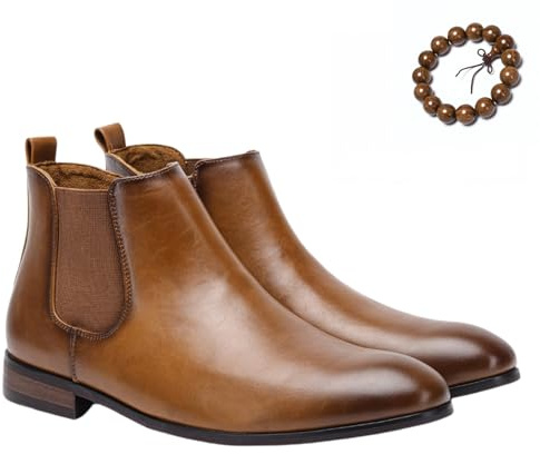 BXCZEDW Chelsea-stövlar för män avslappnad bekväm klassisk slip-on klänning läderstövlar män sidodragkedja och träsula ankelstövlar (brun glansig, EU 41)