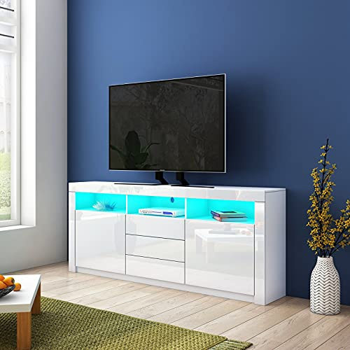 Meuble TV brillant 160 cm avec éclairage LED - Buffet en bois pour salon, chambre à coucher - Blanc brillant - 3 tiroirs et 2 portes - Solution de rangement
