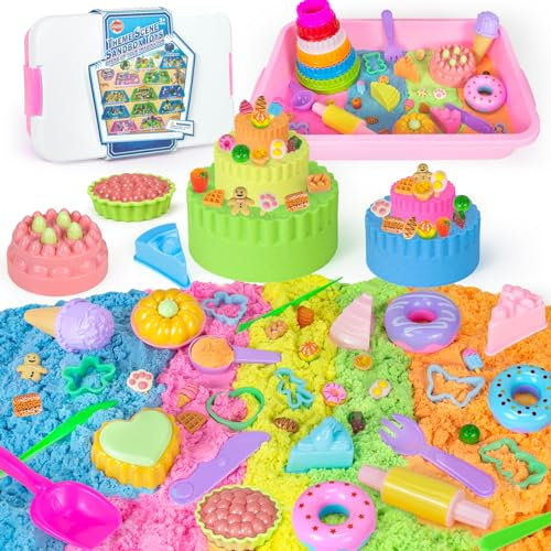 Haphiz Magic Play Sand Ice Cream for Kids 3 4 5 6 7 8 Years Ice Cream Cakes Building Molds Self-Sticking 5 Color Sand with Sandbox Sensory Sands Toys Birthday