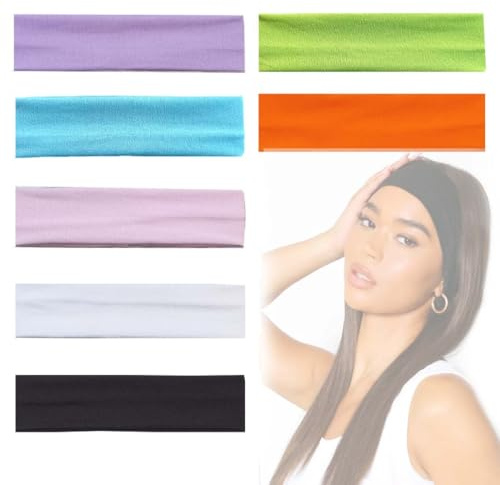 Diadema Mujer Estiramiento Elástico Cintas de Pelo Yoga Bicicleta Tenis Diademas de Algodón (Negro, Blanco, Azul Celeste, Lila Claro, Rosa pálido, Naranja, Verde Oscuro, 7 pcs)