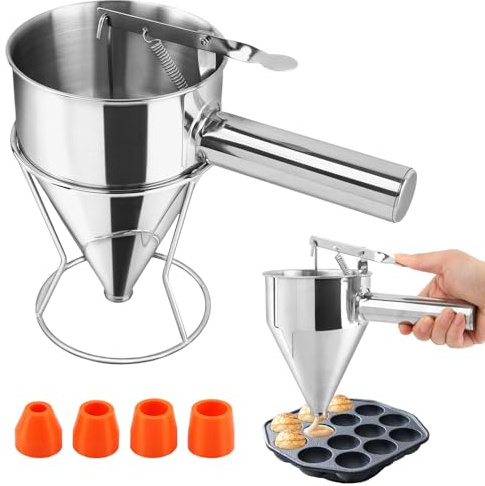 Pancake Batter Dispenser, 4-Caliber Stainless Steel Funnel Cake Dispenser with Stand Baking Tool for Cake Pancakes Cupcakes Muffins Crepes Waffles (40oz,1200ml)
