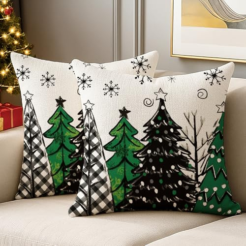JANGYUHH Grün Weihnachtsbaum Kissenbezug 40x40 cm Winter Weihnachten Schneeflocke Kissenbezüge Weihnachtsdeko Sofakissen Kissenhülle Modern Dekorative Weiche für Sofa Wohnzimmer Christmas 2er Set