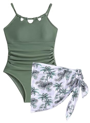 Momkonzz Girls Swimming Costume Teen One Piece Swimsuits with Tropical Print Cover Up Skirt Kids Cut Out Swimwear 13-16Y (Green 16T)