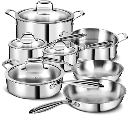 3 Ply Stainless Steel Pot and Pan Set – 11pcs Cookware Set with Glass Lids – Induction Pots and Pans Set – Saucepan Pots & Frying Pan Set, Oven Safe, PFOA, PTFE & PFOS Free